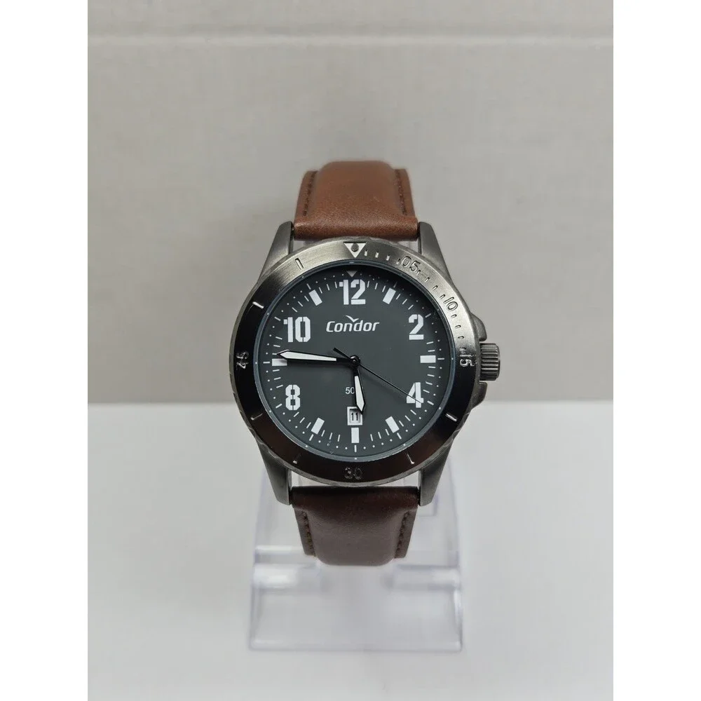 Condor Mens Military Field Watch Brown Leather Strap Date Gray Dial New Battery